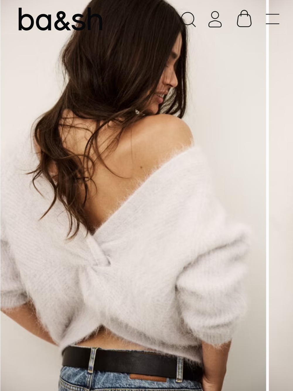 ba&sh Off-the-Shoulder Fuzzy Cropped Sweater in White cream